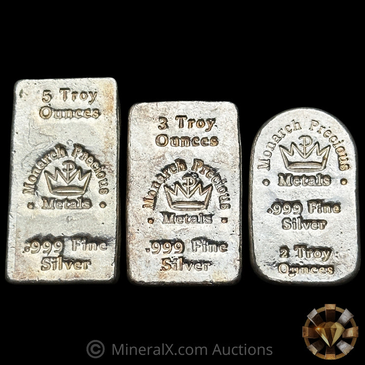 10oz Monarch Precious Metals Silver Bar Lot (5oz, 3oz & 2oz)