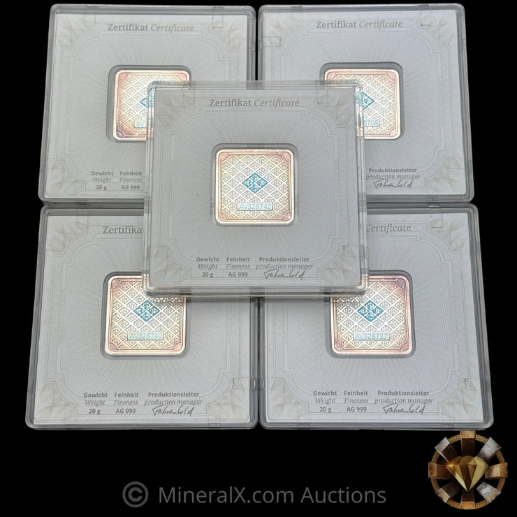 x5 20g Geiger Silver Square Bars In Original Assay Packaging