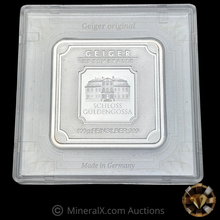 100g Geiger Silver Square Bar In Original Assay Packaging