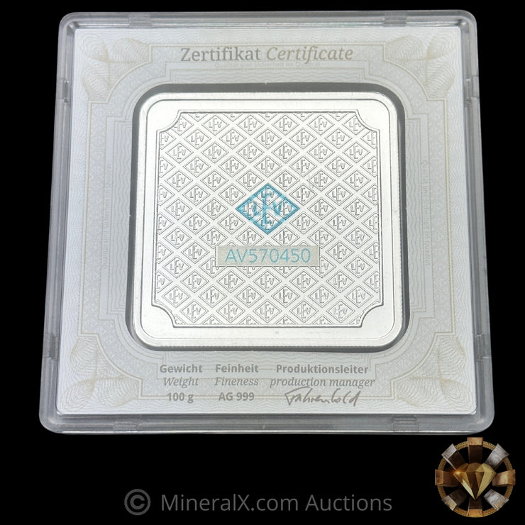 100g Geiger Silver Square Bar In Original Assay Packaging