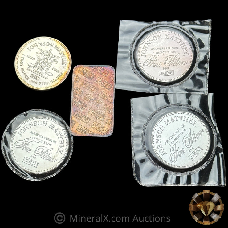 x5 1oz Johnson Matthey JM Vintage Silver Coin & Bar Lot