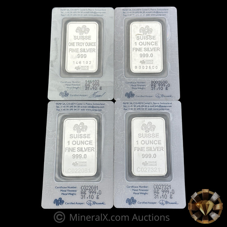 x4 1oz PAMP Fortuna Silver Bars In Assay