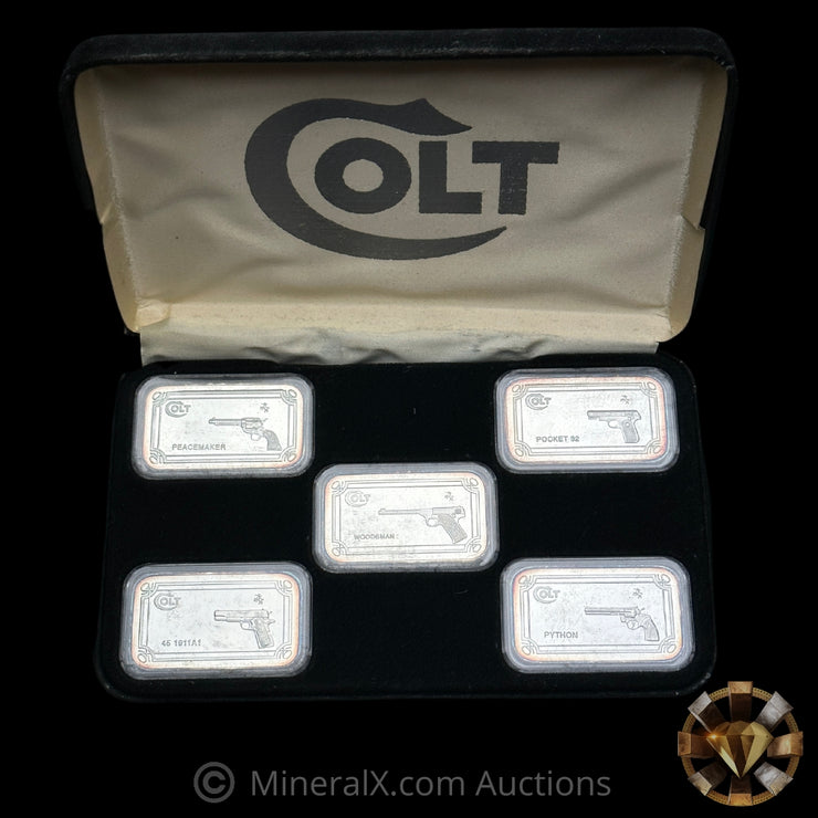 x5 1oz Colt Collectible Silver Art Bar Set With Original Black Velvet Case