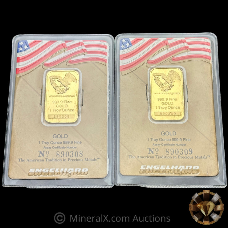 x2 1oz Engelhard Eagle Sequential Serial Vintage Gold Bars Mint In Original Seals