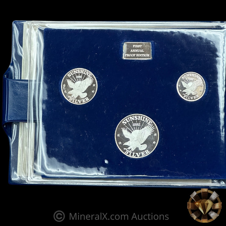 7oz 1982 Sunshine Bullion Vintage Silver Coin Set In Original Blue Velvet Folder With COA