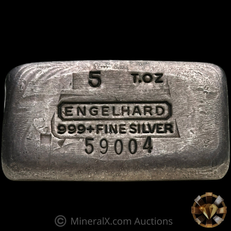 5oz Engelhard "t.oz" 7th Series Vintage Silver Bar With Reverse Punch Through Serial Error