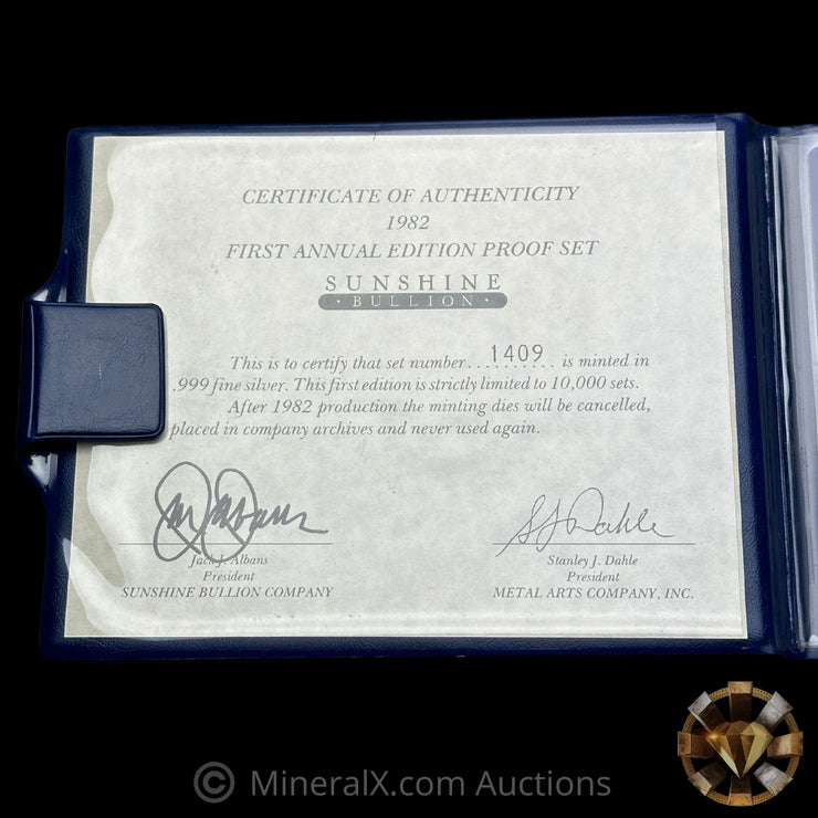 7oz 1982 Sunshine Bullion Vintage Silver Coin Set In Original Blue Velvet Folder With COA