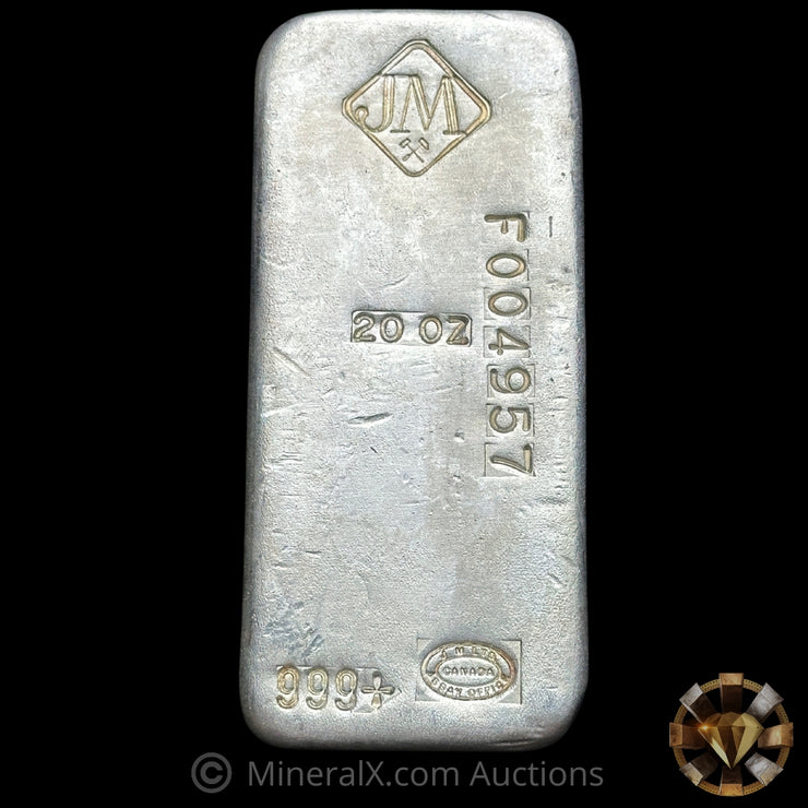 20oz Johnson Matthey JM Right Side F Serial Vintage Silver Bar