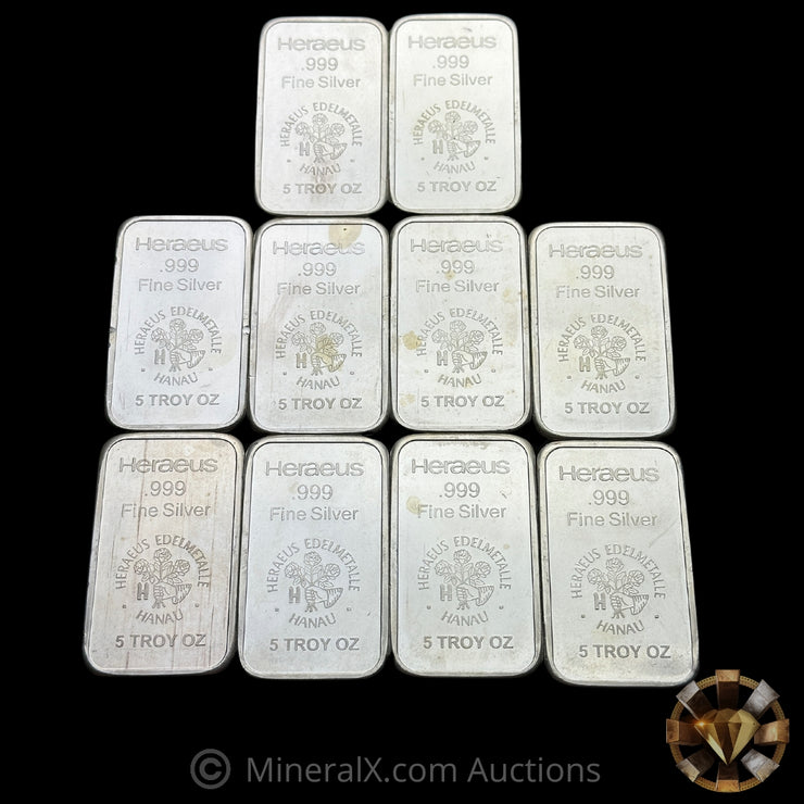 x10 5oz Heraeus Vintage Silver Bars In Original Tube (50oz Total)