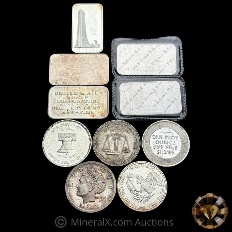 x10 1oz Misc Vintage Silver Bar & Coin Lot