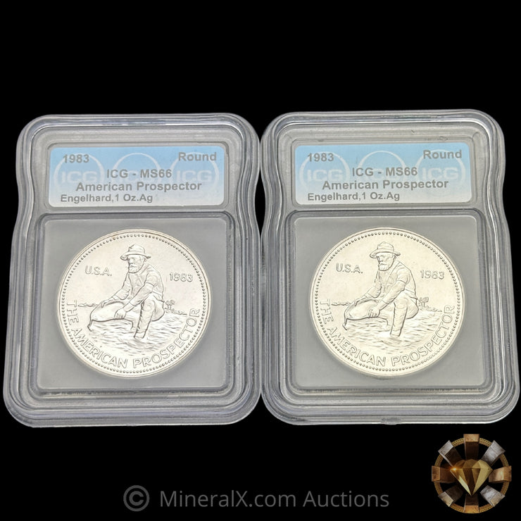 x2 1oz 1983 Engelhard Prospector Vintage Silver Coins ICG MS66