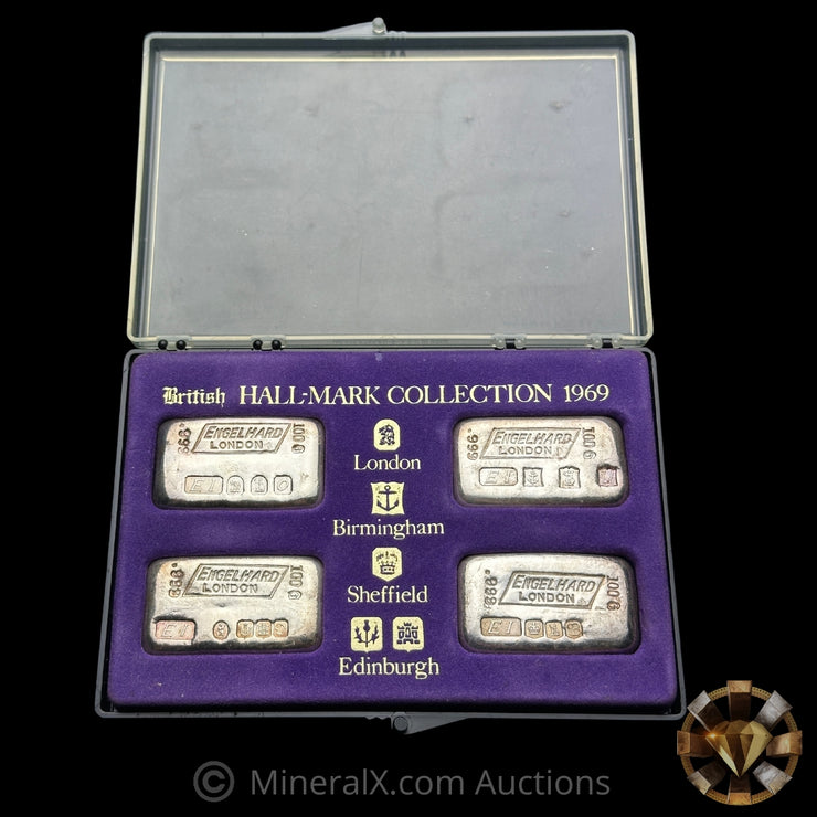 x4 100g 1969 Engelhard London British Hallmark Collection Vintage Silver Bar Set With Original Presentation Case