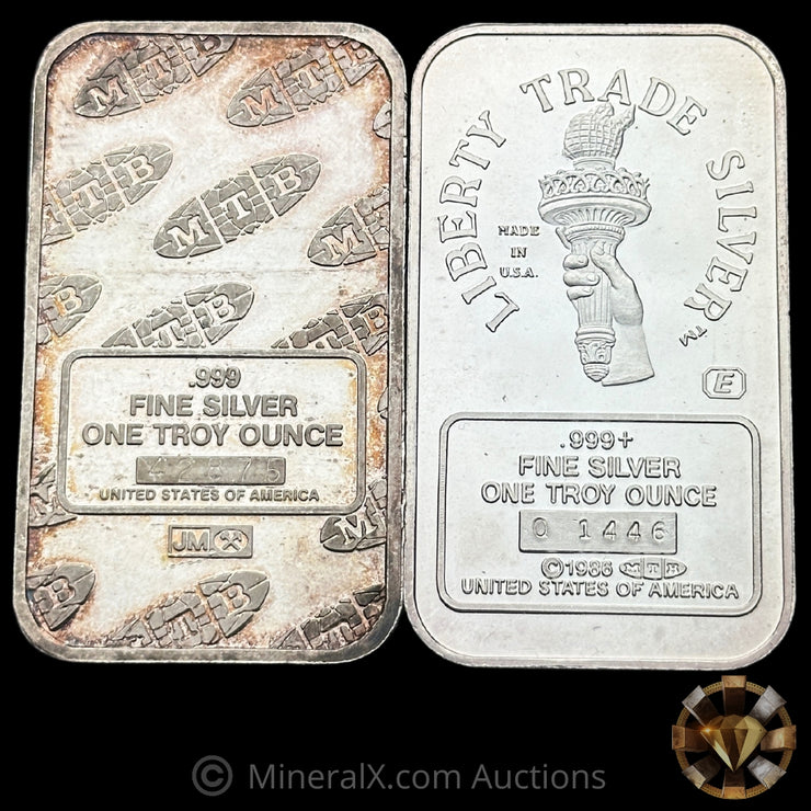 x2 1oz Engelhard & JM Liberty Trade Silver MTB Vintage Silver Bars