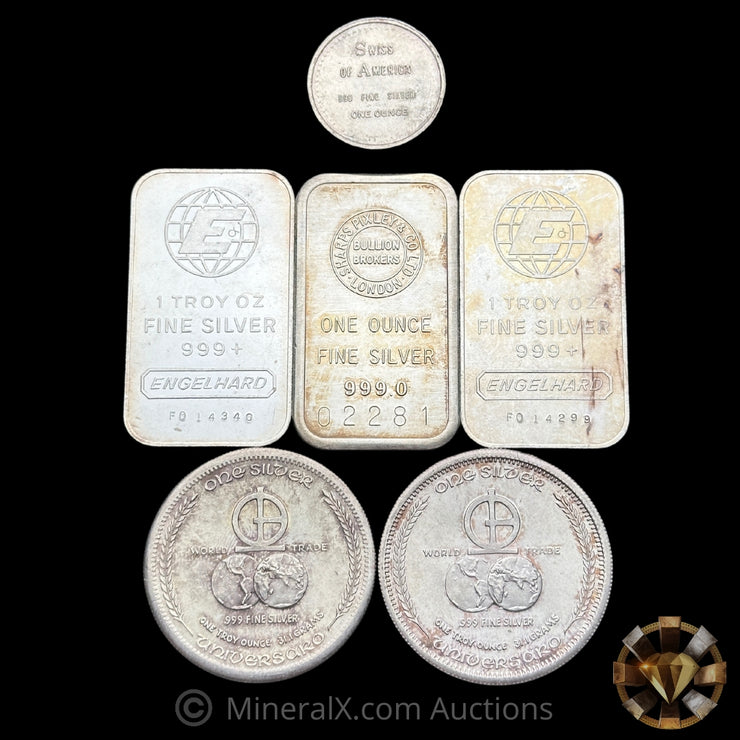 x6 1oz Misc Vintage Silver Bars & Coins