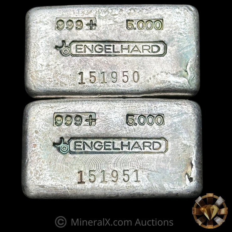 x2 5oz Engelhard Bull Logo Sequential Serial Vintage Silver Bars