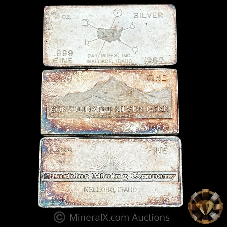 x3 3oz W H Foster Vintage Silver Bars