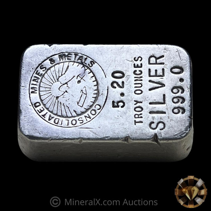 Consolidated Mines & Metals 5.20oz Vintage Poured Silver Bar