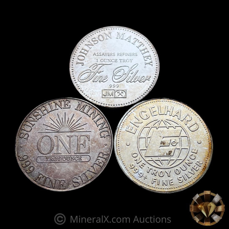 x3 Misc 1oz Vintage Silver Coins (JM, Sunshine, Engelhard)