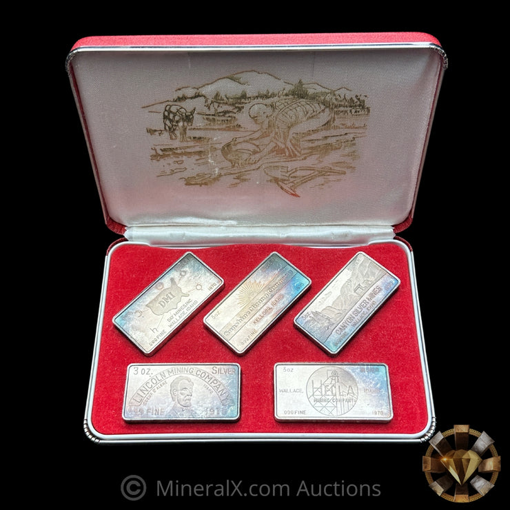 15oz (x5 3oz) 1970 Foster Inc “From Out Of The West” Complete Serial Numbers Matching Vintage Silver Bar Set w/ Original Box