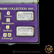 x4 100g 1969 Engelhard London British Hallmark Collection Vintage Silver Set Complete with Original Box, Booklet, and Receipt