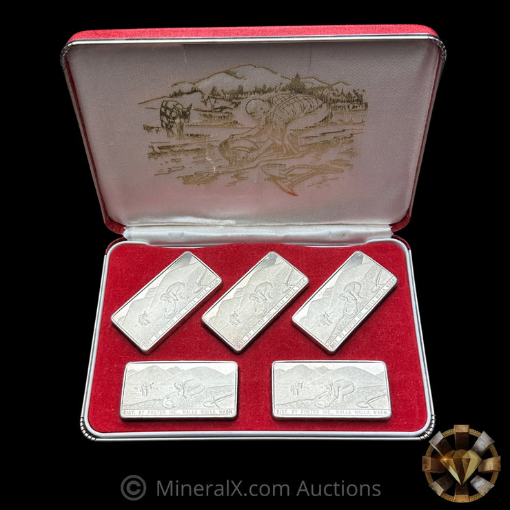 15oz (x5 3oz) 1970 Foster Inc “From Out Of The West” Complete Serial Numbers Matching Vintage Silver Bar Set w/ Original Box