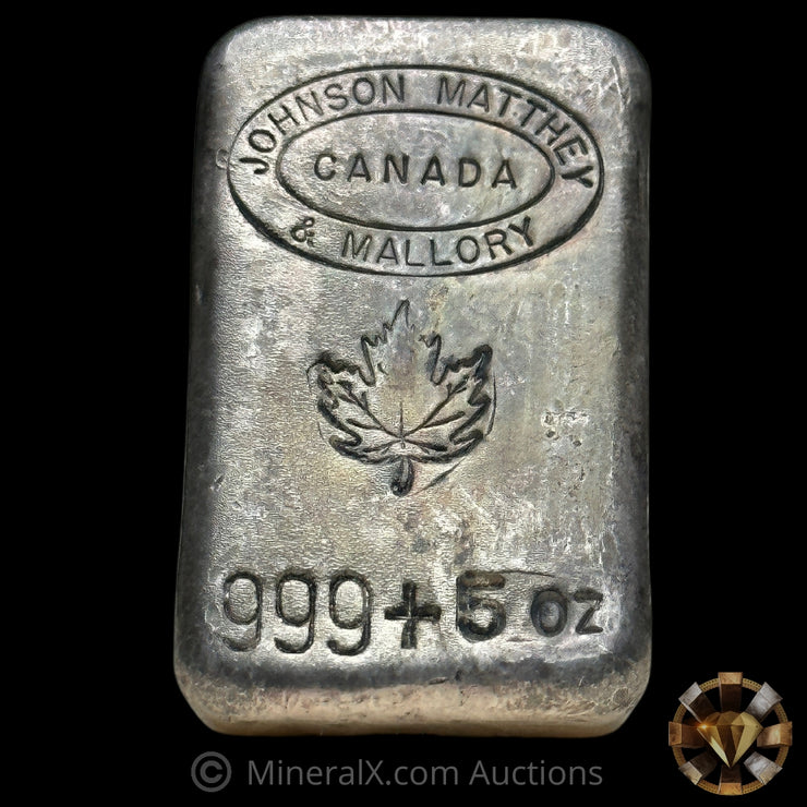 5oz Johnson Matthey & Mallory Canada JM Maple Leaf Vintage Silver Bar