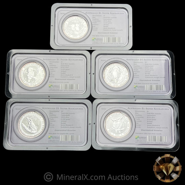x5 Australian Kookaburra 1oz Coins Mint In Little Coin Company Packaging (Mixed Dates 5oz Total)