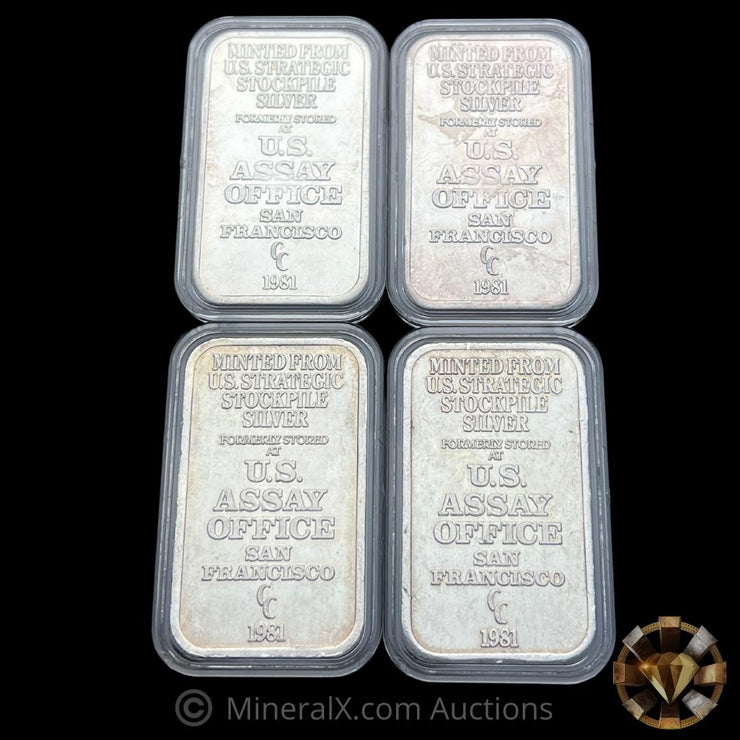 x4 1981 1oz Made From US Assay Office San Francisco Strategic Silver Stockpile Vintage Silver Bars