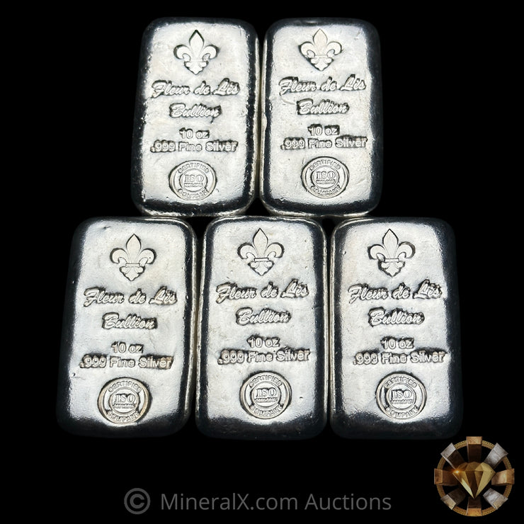x5 10oz Fleur De Lis Poured Silver Bars (50oz Total Pure Silver)