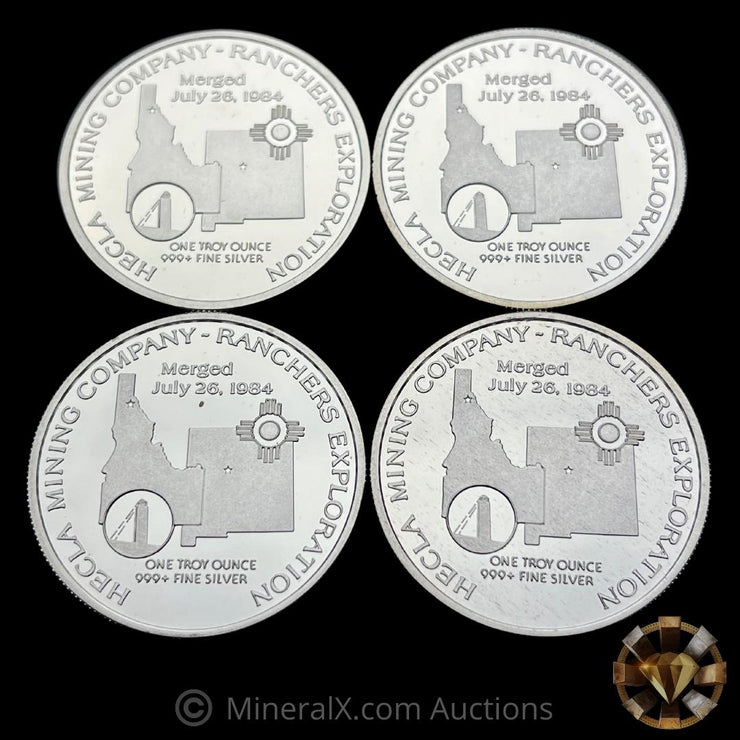 x4 1985 Hecla Mining Company 1oz Vintage Silver Coins