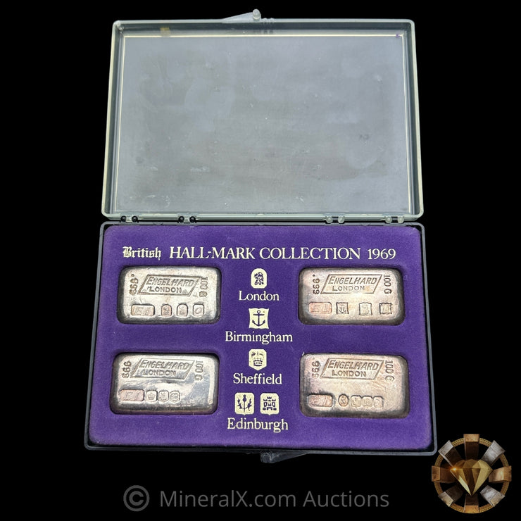 1969 Engelhard London British Hallmark Collection Complete (x4 100g) Vintage Silver Bar Set