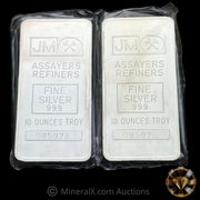 x2 10oz Johnson Matthey JM Blank Back Sequential Serial Vintage Silver Bars