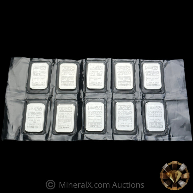 x10 Johnson Matthey JM Sequential Serial Silver Art Bars In Original Sealed Sheet