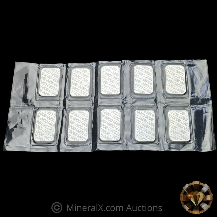 x10 Johnson Matthey JM Sequential Serial Silver Art Bars In Original Sealed Sheet