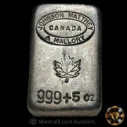 5oz Johnson Matthey & Mallory Canada Vintage Poured Silver Bar
