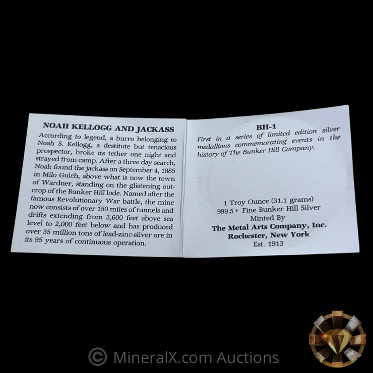 1981 Bunker Hill “Noah Kellogg & Jackass” 1oz Vintage Silver Coin w/ Original Packaging