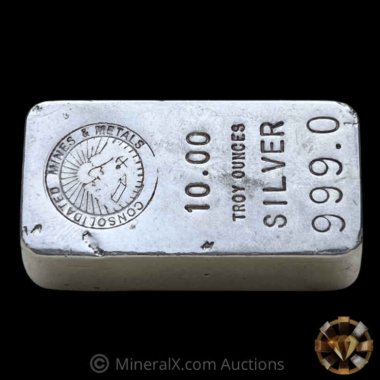 Consolidated Mines & Metals 10oz Vintage Poured Silver Bar