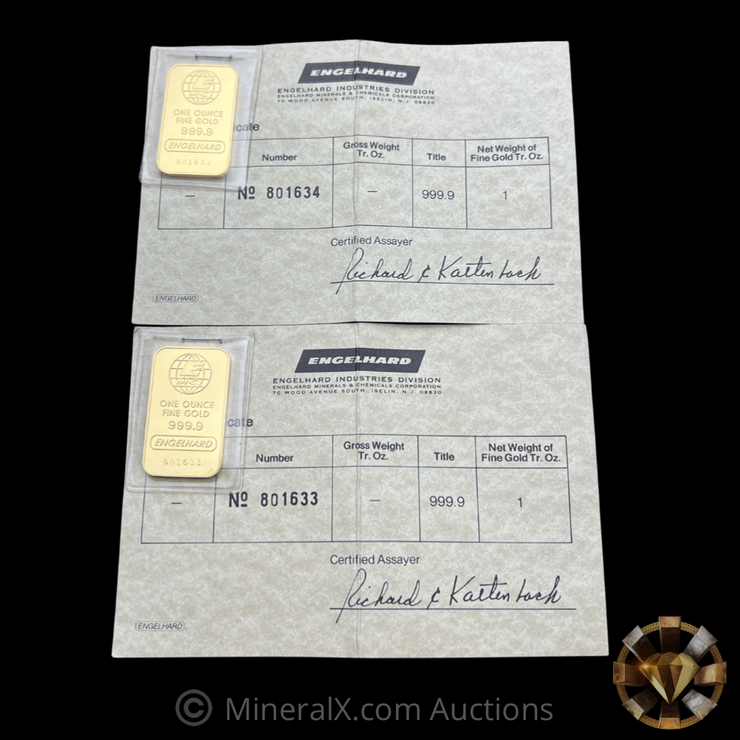 Sequential 1oz Engelhard Industries Gold Bars Sealed with Original Beige Assay Cards