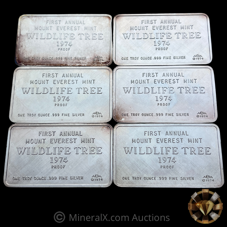 1974 Mount Everest Mint “Wildlife Tree” Complete x6 1oz Vintage Silver Art Bar Set (6oz Total)