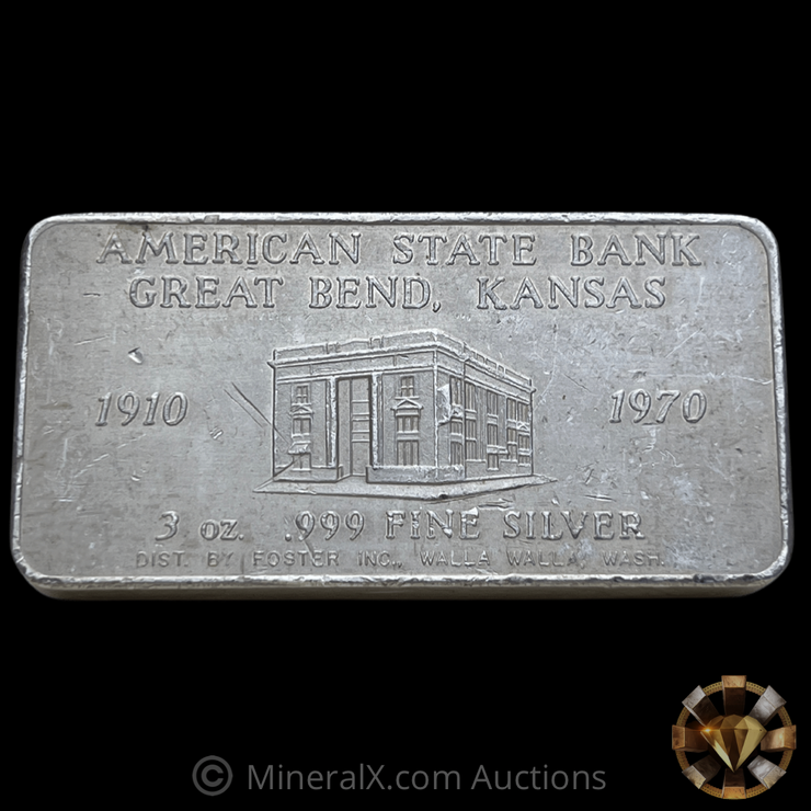 1970 Foster Inc American State Bank Great Bend, Kansas 3 oz Vintage Silver Bar