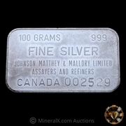 Johnson Matthey & Mallory JMM Limited Assayers and Refiners Canada 100 Grams Vintage Pressed Silver Bar