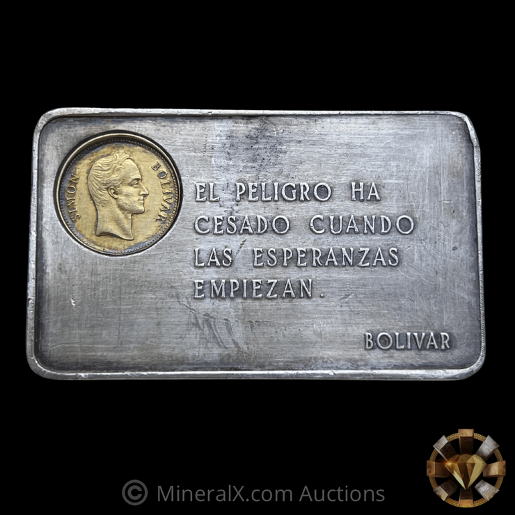Bolivar Venezuela 100 Gram Vintage Silver Bar w/ Inlaid 1/20th oz Gold Coin