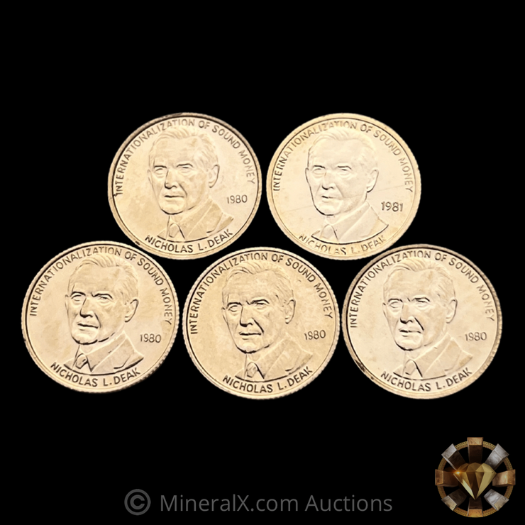 x5 1980 Nicholas L. Deak “Denationalization of Sound Money” Gold Standard Corporation 1/20oz Fractional Vintage Gold Coins (1/4oz of pure gold)
