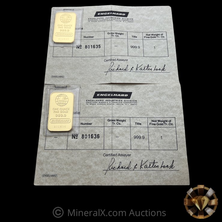 Sequential Pair of Vintage Engelhard 1oz Gold Bars Mint in Original Factory Seal Still Attached To Rare Beige Assay Card (2oz total)