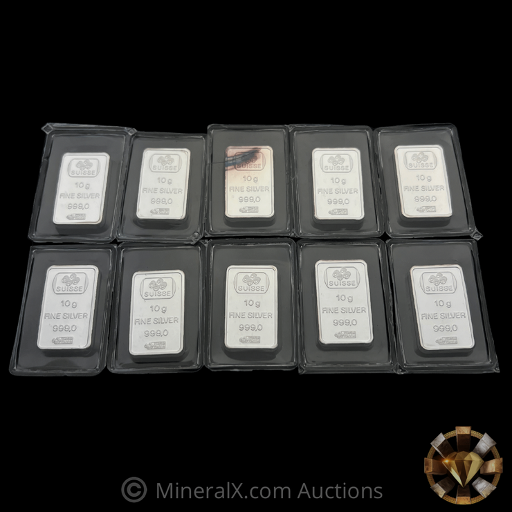 x10 PAMP Fortuna Vintage Pressed 10g Silver Bars In Original Factory Seals (100 Grams Total)