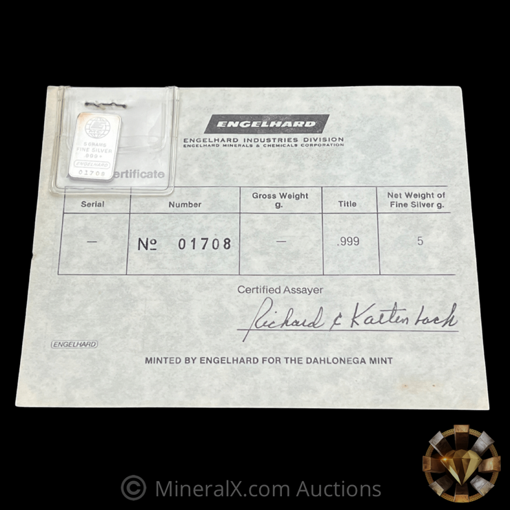 Engelhard 5g Vintage Silver Bar w/ Original Assay Card