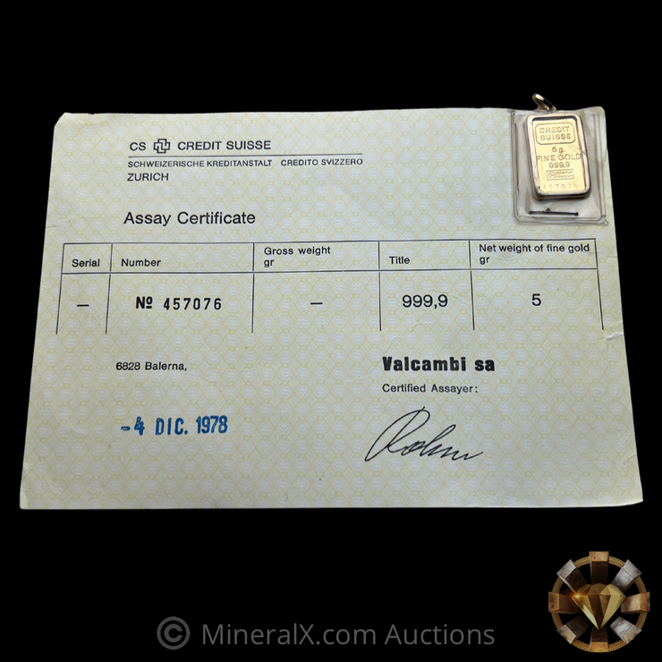 1978 Credit Suisse Vintage 5g Gold Bar Pendant w/ Original Numbers Matching Valcambi Assay Card