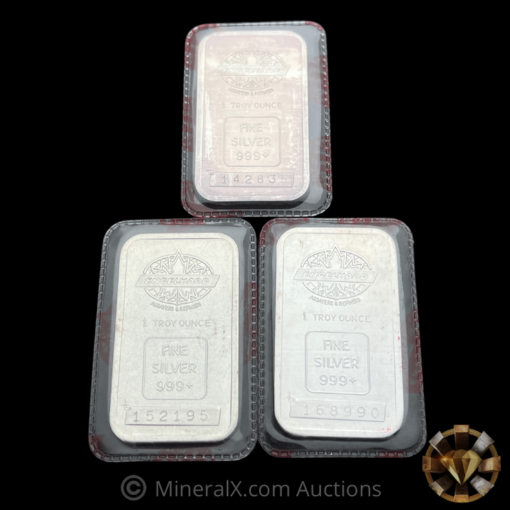 x3 Engelhard “Red Label” 1oz Vintage Silver Bars In Original factory Seal (3oz total)