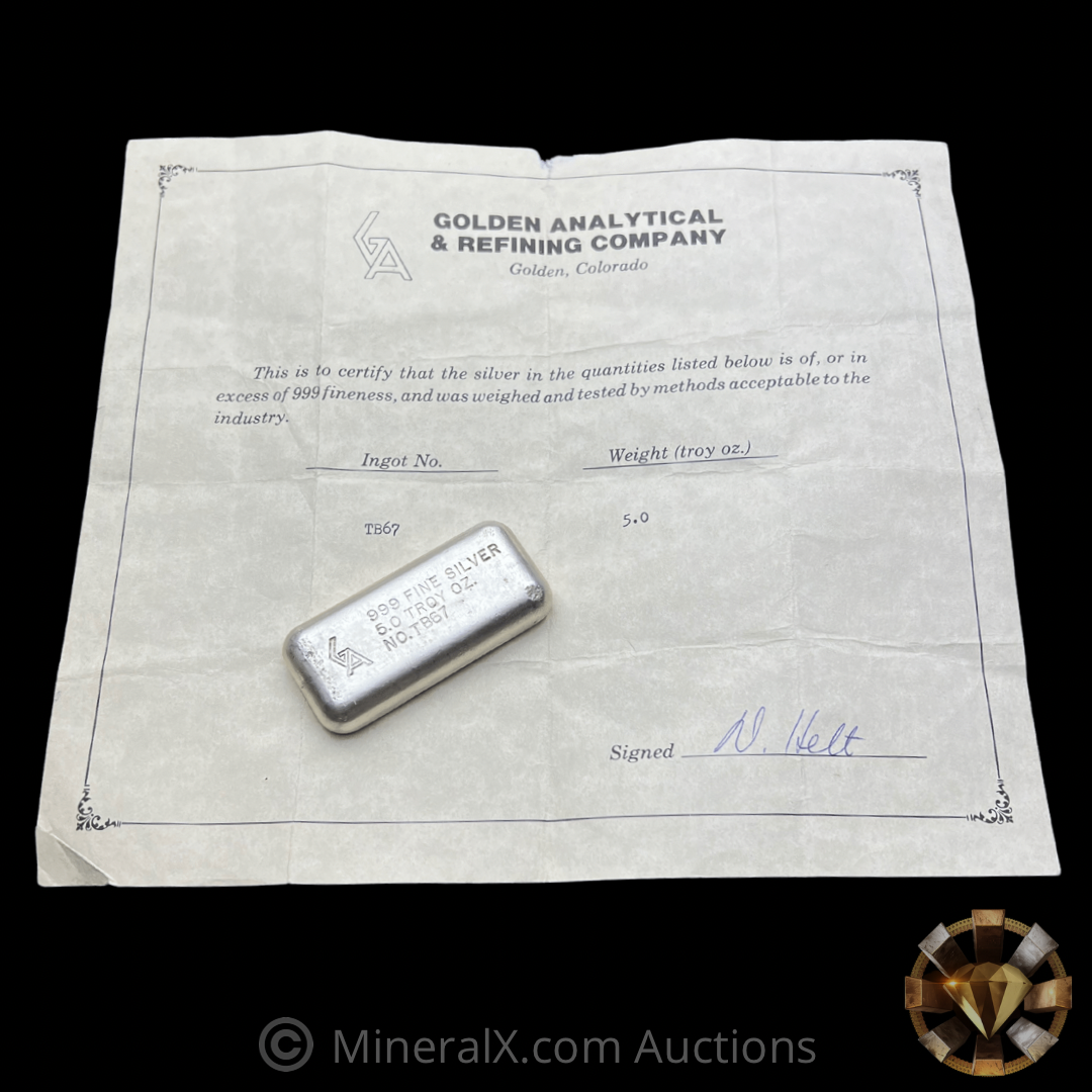 Golden Analytical GA 5oz Vintage Poured Silver Bar w Golden Analytical GA 5oz Vintage Poured Silver Bar w