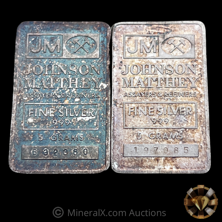 x2 Johnson Matthey JM 5 Gram Vintage Pressed Silver Bars (10g Total)